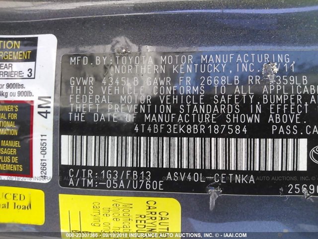 4T4BF3EK8BR187584 - 2011 TOYOTA CAMRY SE/LE/XLE GRAY photo 9