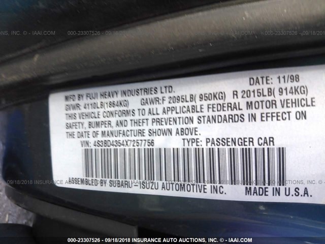 4S3BD4354X7257756 - 1999 SUBARU LEGACY L/30TH ANNIVERSARY L GREEN photo 9