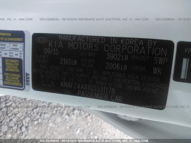 KNAFZ4A81G5531178 - 2016 KIA FORTE EX WHITE photo 9