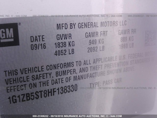 1G1ZB5ST8HF138330 - 2017 CHEVROLET MALIBU LS 白色 照片 9