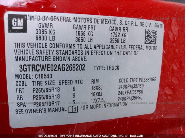 3GTRCWE02AG268202 - 2010 GMC SIERRA C1500 SLT RED photo 9