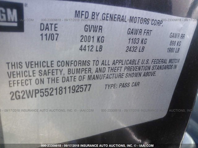 2G2WP552181192577 - 2008 PONTIAC GRAND PRIX GRAY photo 9