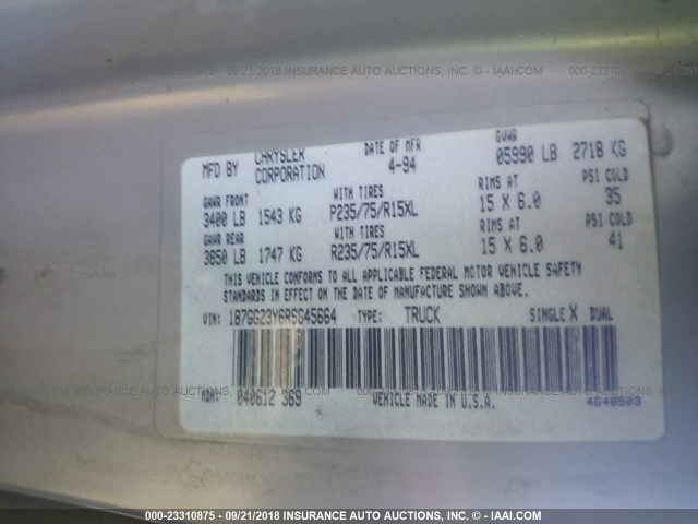 1B7GG23Y6RS645664 - 1994 DODGE DAKOTA GRAY photo 9