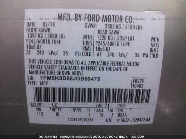 1FM5K8D88JGB69475 - 2018 FORD EXPLORER XLT SILVER photo 9