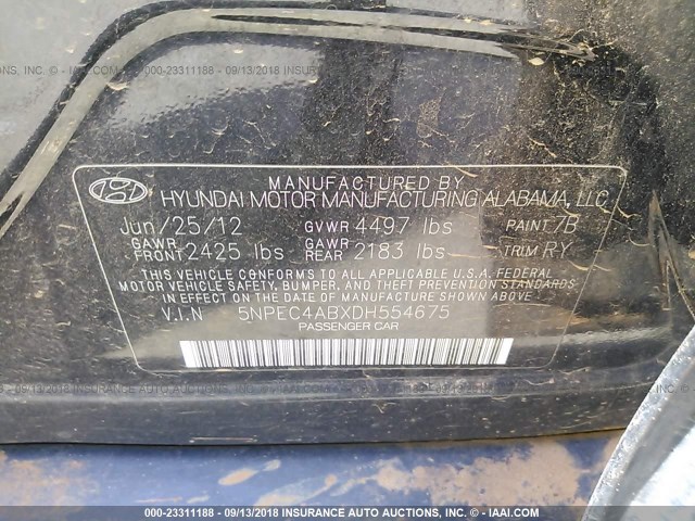 5NPEC4ABXDH554675 - 2013 HYUNDAI SONATA SE/LIMITED BLACK photo 9