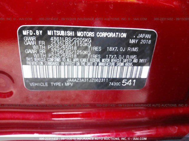 JA4AZ3A31JZ062311 - 2018 MITSUBISHI OUTLANDER SE/SEL RED photo 9