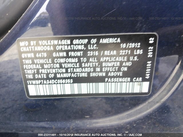 1VWBP7A34DC056353 - 2013 VOLKSWAGEN PASSAT SE BLUE photo 9