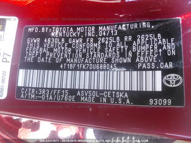4T1BF1FK7DU688045 - 2013 TOYOTA CAMRY L/SE/LE/XLE Qırmızı foto 9
