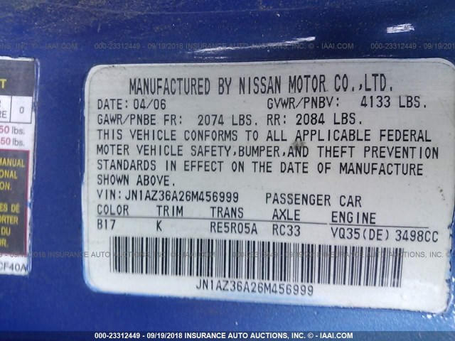 JN1AZ36A26M456999 - 2006 NISSAN 350Z ROADSTER BLUE photo 9