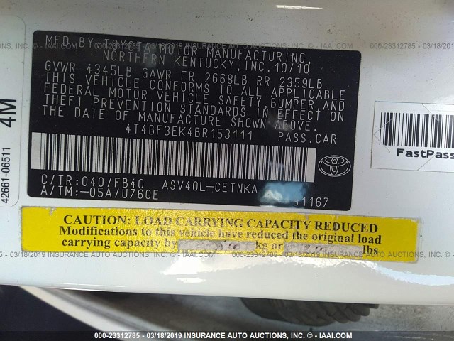 4T4BF3EK4BR153111 - 2011 TOYOTA CAMRY SE/LE/XLE WHITE photo 9