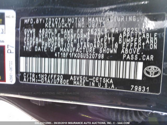 4T1BF1FK0GU520798 - 2016 TOYOTA CAMRY LE/XLE/SE/XSE 深蓝色 照片 9