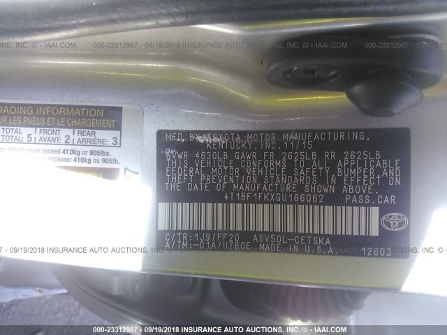 4T1BF1FKXGU166062 - 2016 TOYOTA CAMRY LE/XLE/SE/XSE SILVER photo 9