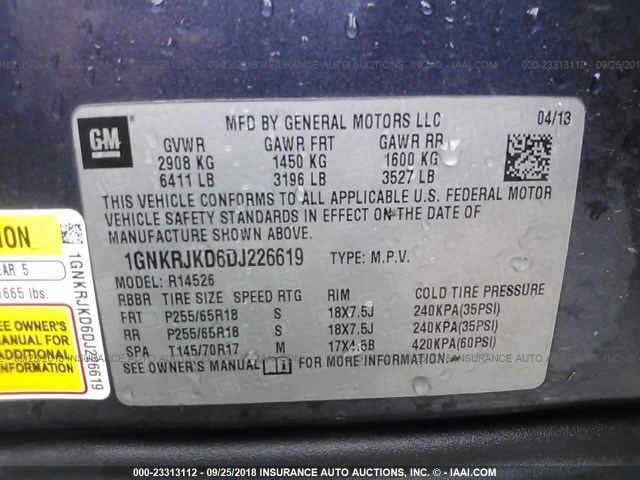 1GNKRJKD6DJ226619 - 2013 CHEVROLET TRAVERSE BLUE photo 9