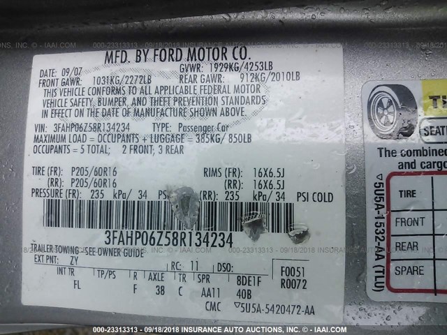 3FAHP06Z58R134234 - 2008 FORD FUSION S GRAY photo 9