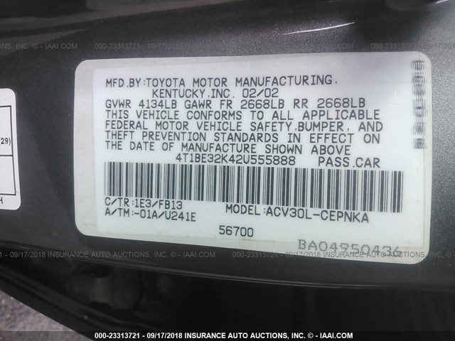 4T1BE32K42U555888 - 2002 TOYOTA CAMRY LE/XLE/SE GRAY photo 9