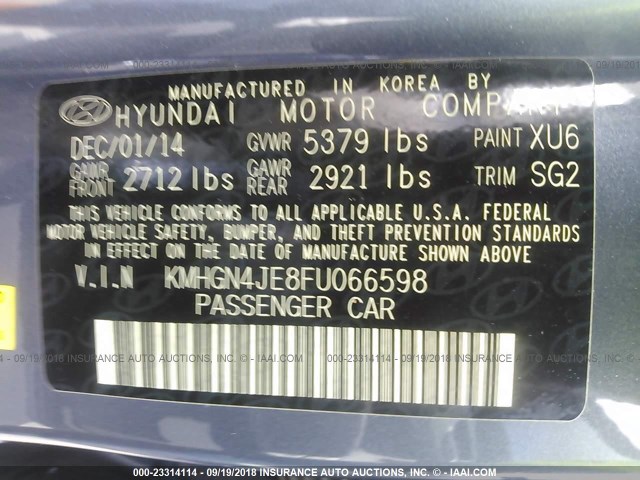 KMHGN4JE8FU066598 - 2015 HYUNDAI GENESIS 3.8L GRAY photo 9