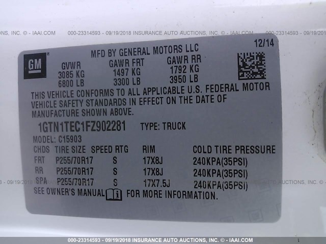 1GTN1TEC1FZ902281 - 2015 GMC SIERRA C1500 WHITE photo 9