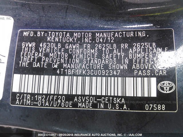 4T1BF1FK3CU092347 - 2012 TOYOTA CAMRY SE/LE/XLE 黑色 照片 9