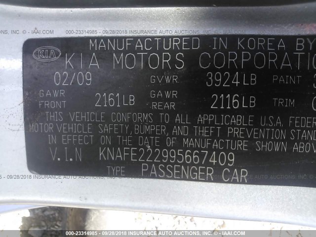 KNAFE222995667409 - 2009 KIA SPECTRA EX/LX/SX SILVER photo 9