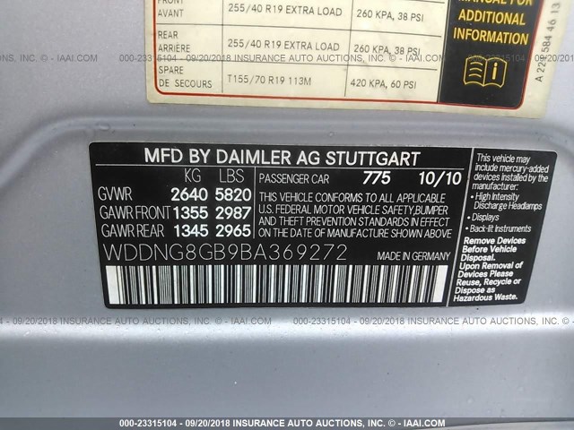 WDDNG8GB9BA369272 - 2011 MERCEDES-BENZ S 550 4MATIC SILVER photo 9
