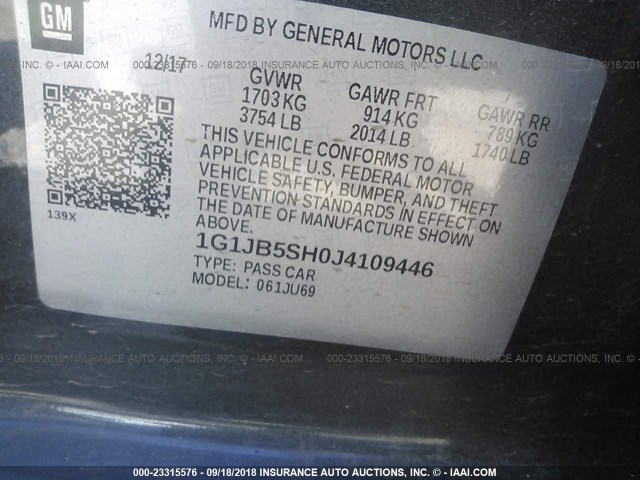 1G1JB5SH0J4109446 - 2018 CHEVROLET SONIC LS 灰色 照片 9