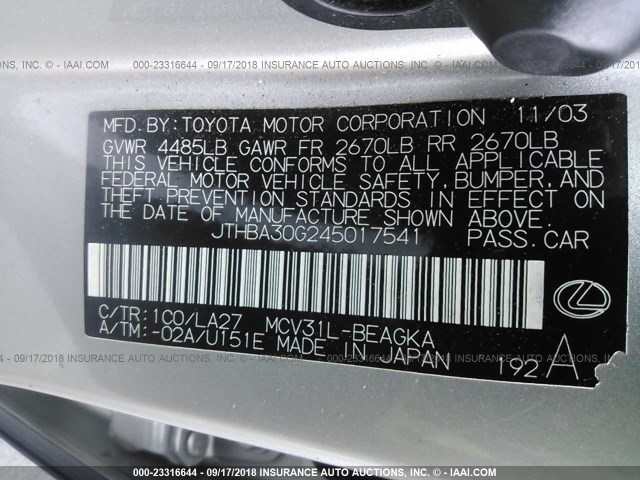 JTHBA30G245017541 - 2004 LEXUS ES 330 SILVER photo 9