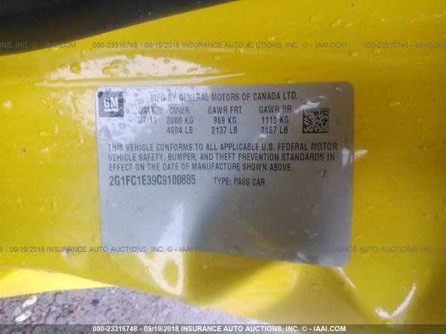 2G1FC1E39C9100885 - 2012 CHEVROLET CAMARO LT YELLOW photo 9