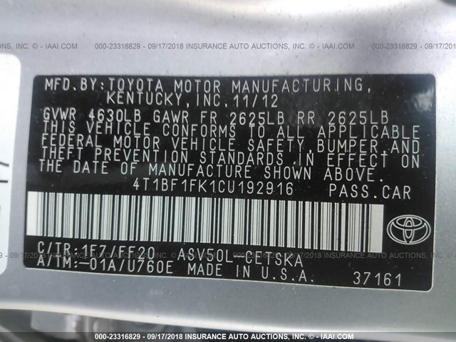 4T1BF1FK1CU192916 - 2012 TOYOTA CAMRY SE/LE/XLE SILVER photo 9