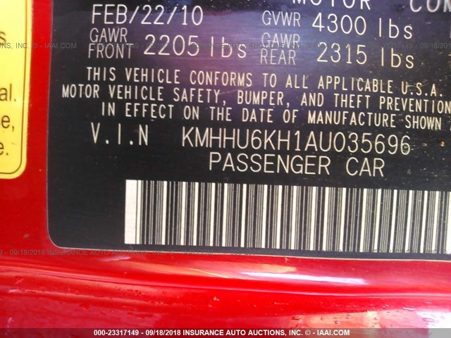 KMHHU6KH1AU035696 - 2010 HYUNDAI GENESIS COUPE 3.8L RED photo 9