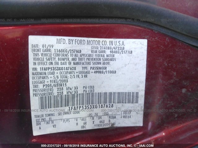 1FAFP53S3XG187628 - 1999 FORD TAURUS SE/COMFORT/SPORT RED photo 9