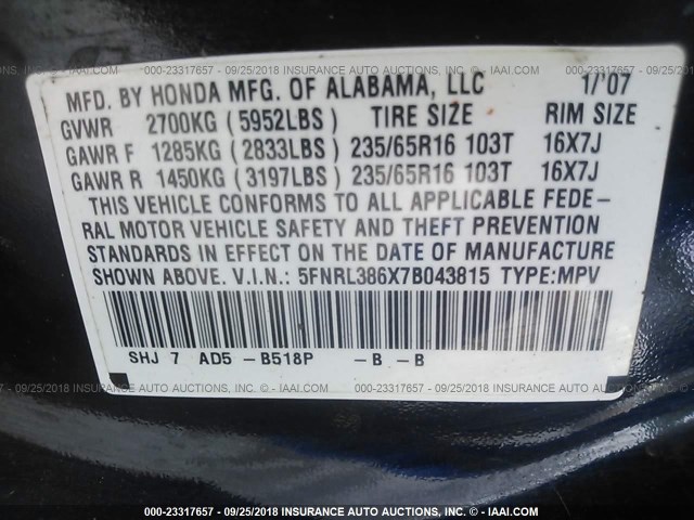 5FNRL386X7B043815 - 2007 HONDA ODYSSEY EXL BLUE photo 9