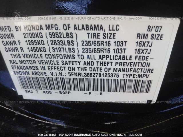 5FNRL38627B125375 - 2007 HONDA ODYSSEY EXL BLACK photo 9