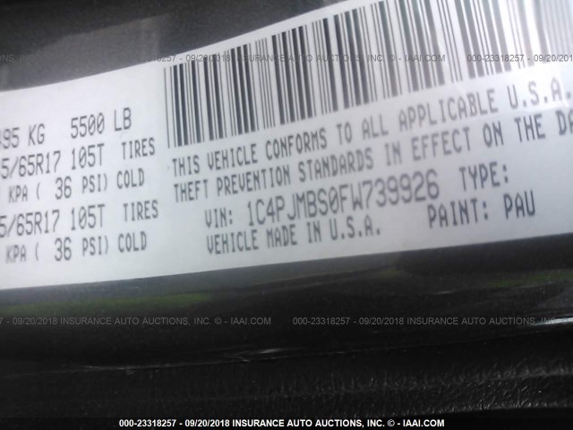 1C4PJMBS0FW739926 - 2015 JEEP CHEROKEE TRAILHAWK 灰色 照片 9