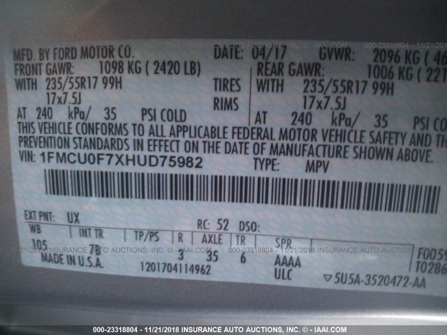 1FMCU0F7XHUD75982 - 2017 FORD ESCAPE S SILVER photo 9