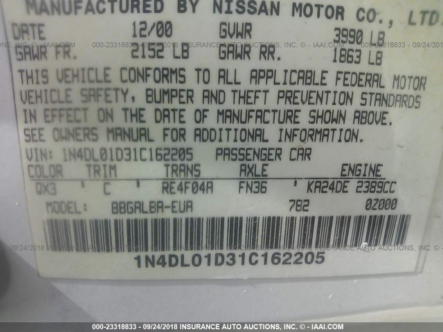 1N4DL01D31C162205 - 2001 NISSAN ALTIMA XE/GXE/SE WHITE photo 9