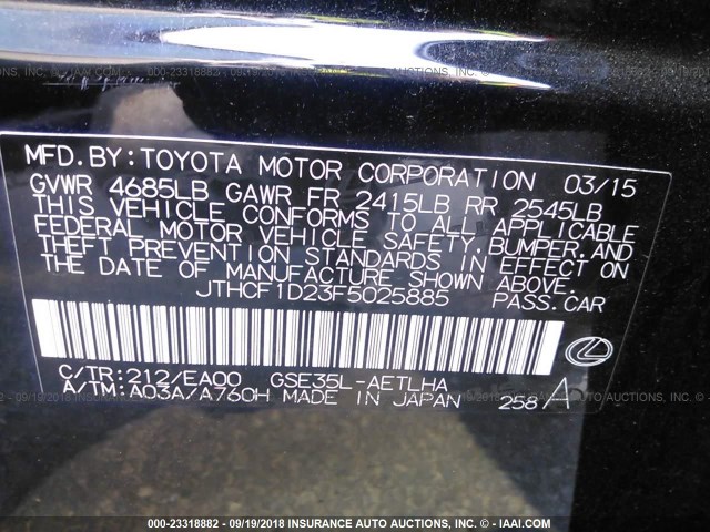 JTHCF1D23F5025885 - 2015 LEXUS IS 250 BLACK photo 9