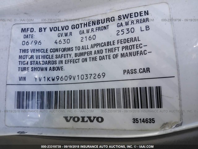 YV1KW9609V1037269 - 1997 VOLVO 960 WHITE photo 9