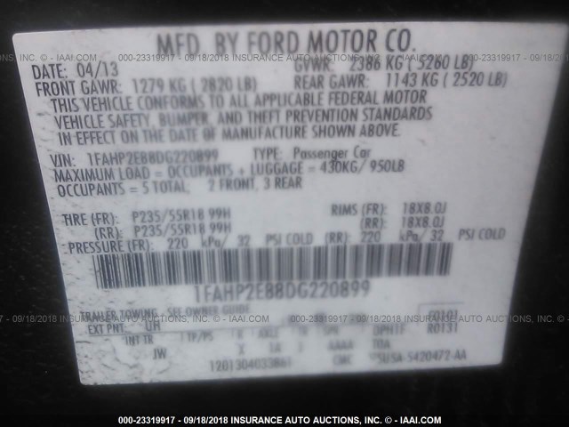 1FAHP2E88DG220899 - 2013 FORD TAURUS SEL BLACK photo 9