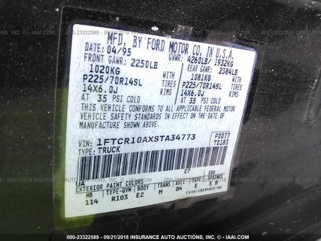 1FTCR10AXSTA34773 - 1995 FORD RANGER BLACK photo 9