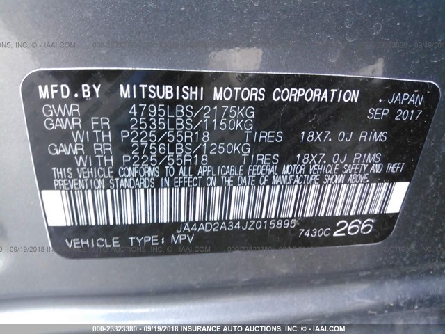 JA4AD2A34JZ015895 - 2018 MITSUBISHI OUTLANDER ES GRAY photo 9