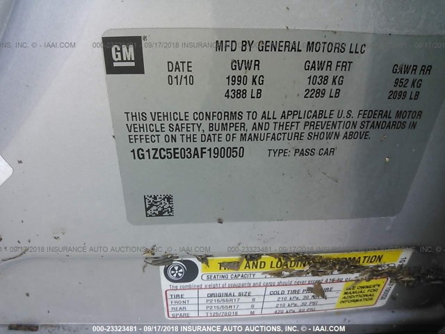 1G1ZC5E03AF190050 - 2010 CHEVROLET MALIBU 1LT ვერცხლისფერი ფოტო 9