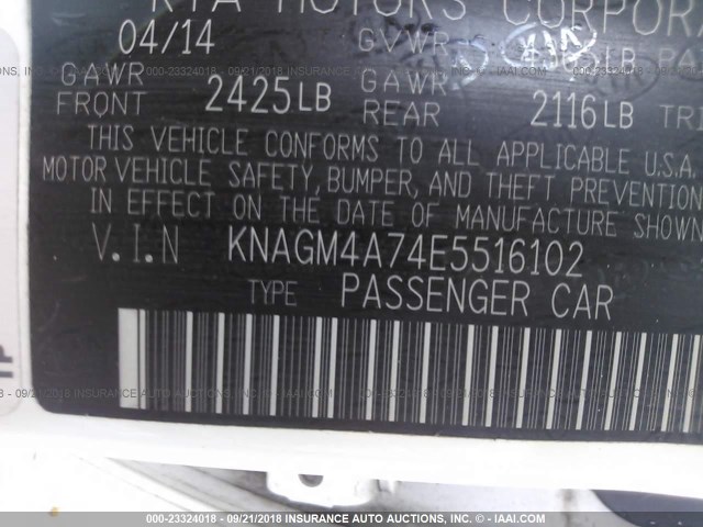 KNAGM4A74E5516102 - 2014 KIA OPTIMA LX WHITE photo 9