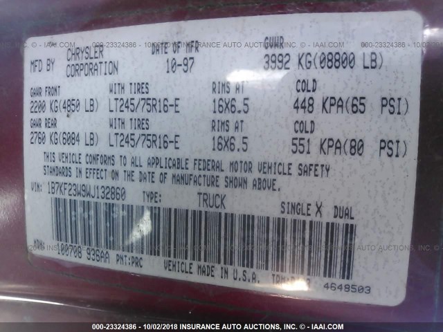 1B7KF23W9WJ132860 - 1998 DODGE RAM 2500 RED photo 9