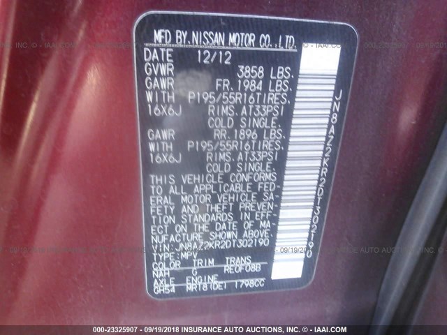 JN8AZ2KR2DT302190 - 2013 NISSAN CUBE S/SL RED photo 9