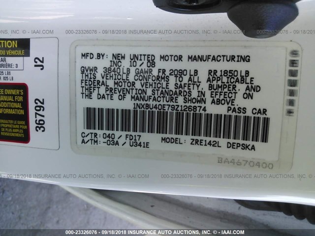 1NXBU40E79Z126874 - 2009 TOYOTA COROLLA S/LE/XLE WHITE photo 9