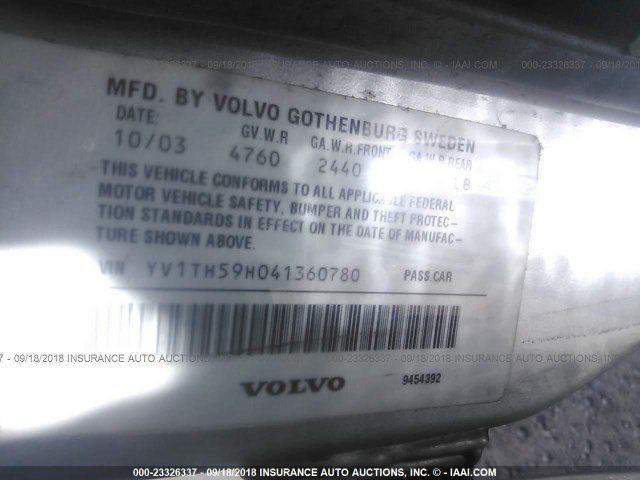 YV1TH59H041360780 - 2004 VOLVO S80 2.5T SILVER photo 9