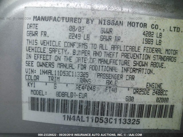 1N4AL11D53C113325 - 2003 NISSAN ALTIMA S/SL SILVER photo 9