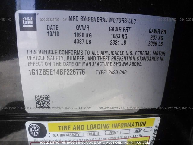 1G1ZB5E14BF226776 - 2011 CHEVROLET MALIBU LS 黑色 照片 9