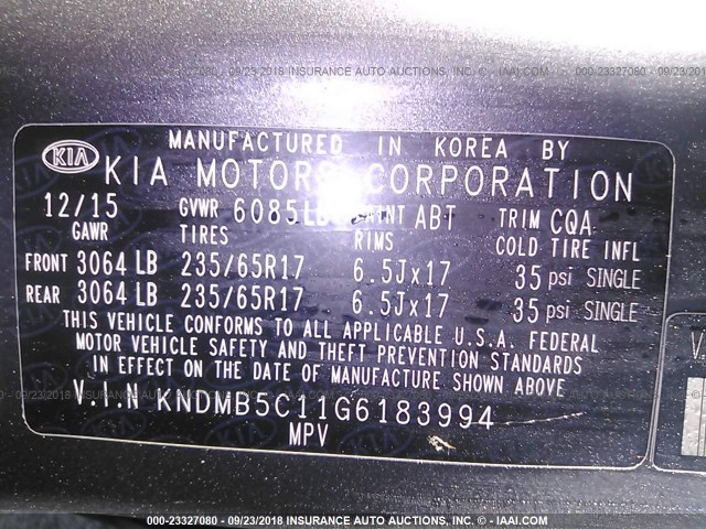 KNDMB5C11G6183994 - 2016 KIA SEDONA LX GRAY photo 9