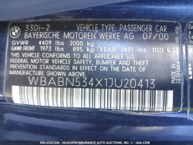 WBABN534X1JU20413 - 2001 BMW 330 CI Կապույտ լուսանկար 9